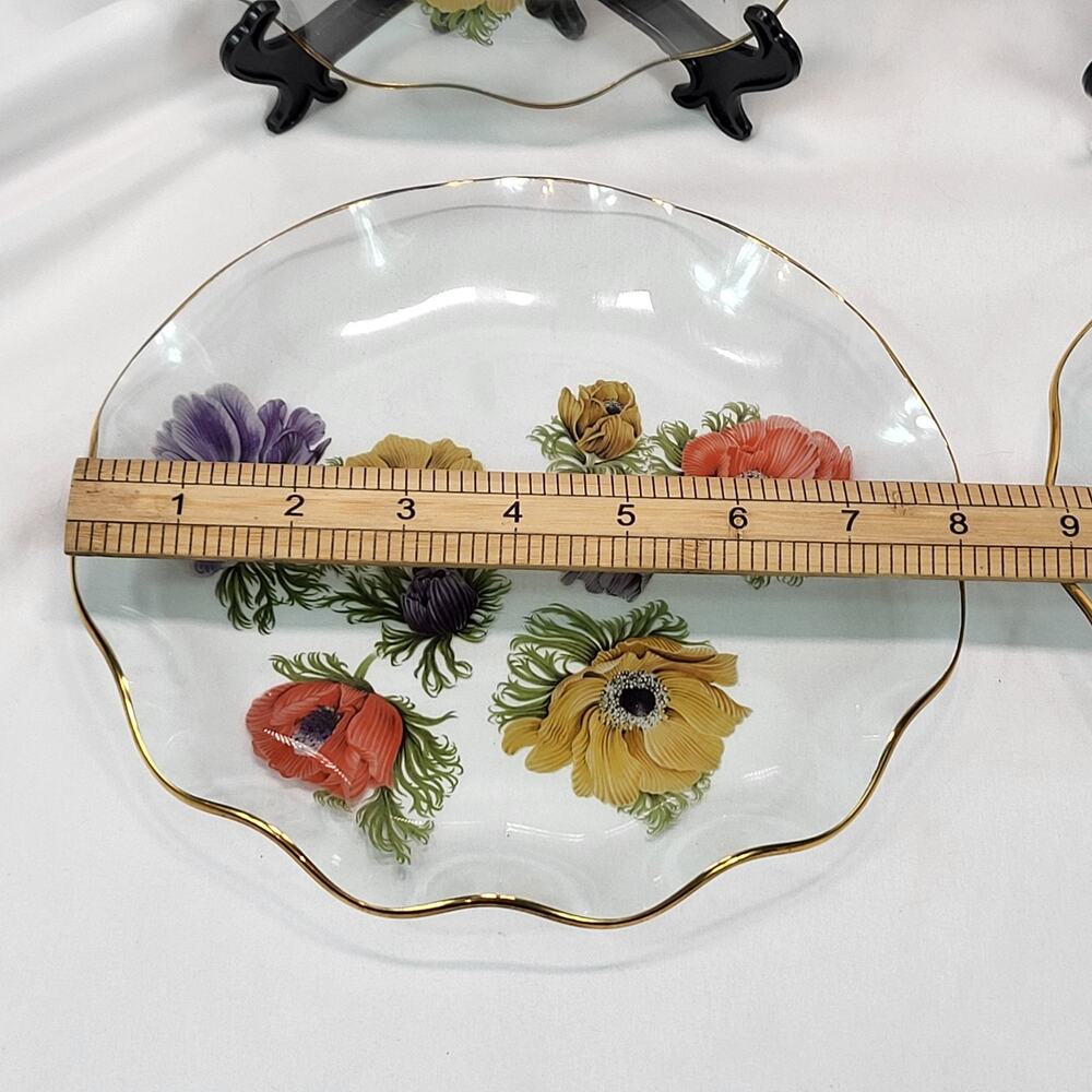 Chance Glass Anemone Floral 8" Luncheon Plates Set of 4 Scallop Edge Gold Rim - Picture 16 of 16